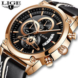 LIGE Fashion Mens Watches Male Top Gold Quartz Watch Men Casual Leather Waterproof atch